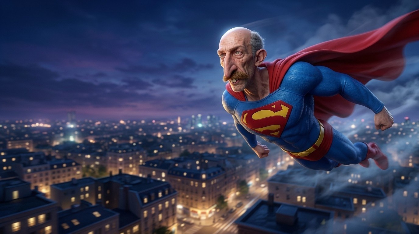 SICKSHIT, a bald man with a big moustache in a blue hero suit and red cape, flying over a city at night