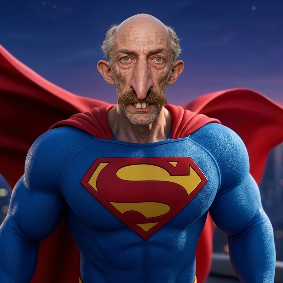 Close-up of SICKSHIT in his hero suit and cape: bald head, big ears, thick moustache, small grin